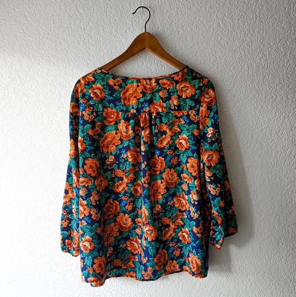 Zenobia Blue and Orange Floral Blouse - Picture 2 of 5